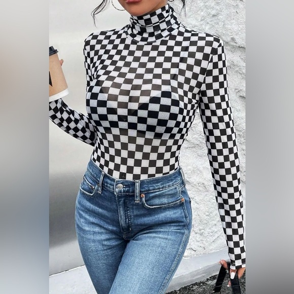 Checkered Turtleneck Long Sleeve Bodysuit 10010048278 - Picture 2 of 5